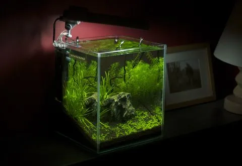 A small planted cube aquarium with a clip-on light
